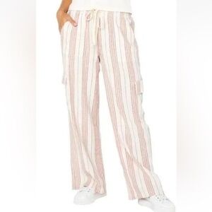 New Roxy Women's Linen Blend Cargo Pant lightweight pink Stripes XS